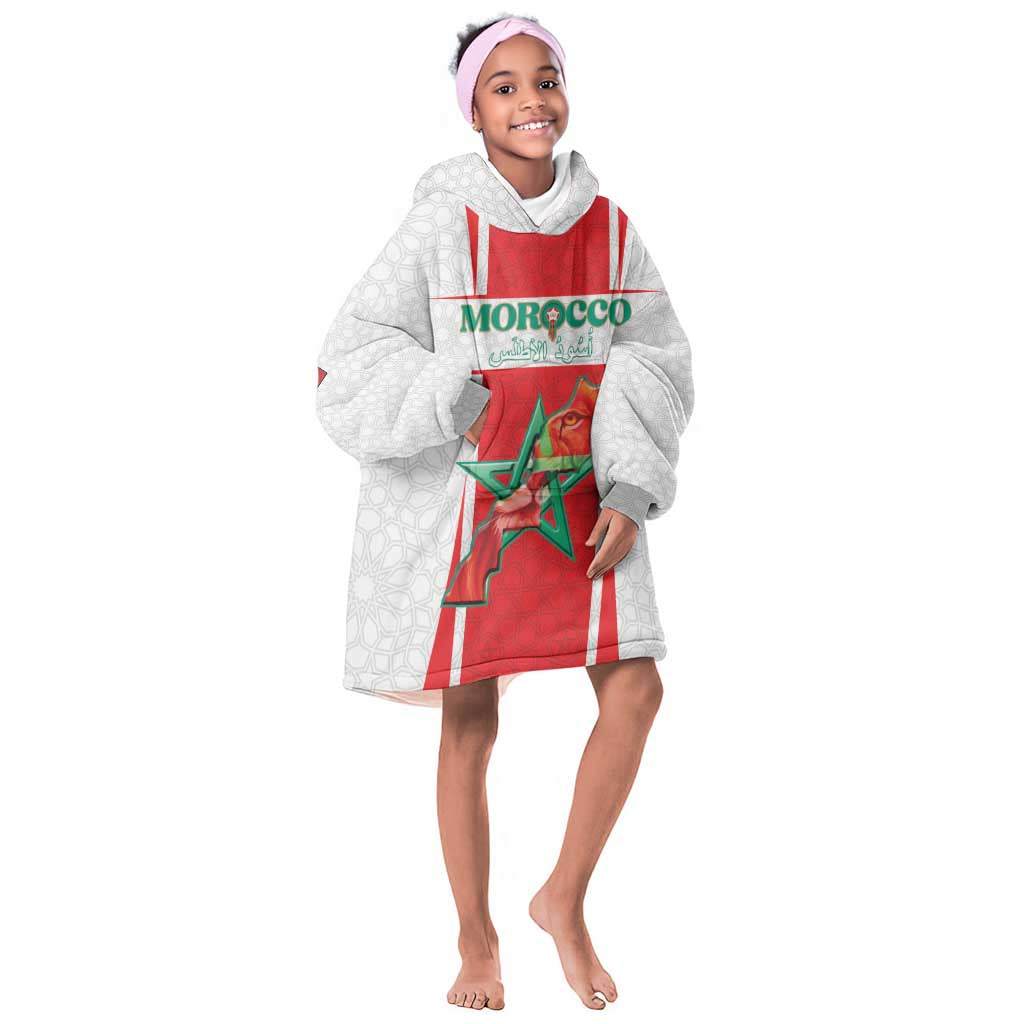 Morocco Football Custom Kid Wearable Blanket Hoodie Atlas Lions Champions 2025 - White - African Pride
