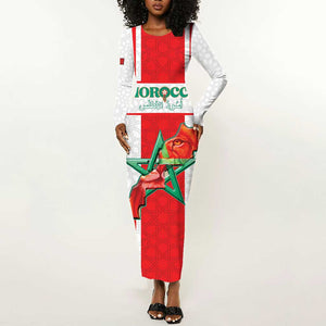 Morocco Football Custom Long Sleeve Bodycon Dress Atlas Lions Champions 2025 - White - African Pride