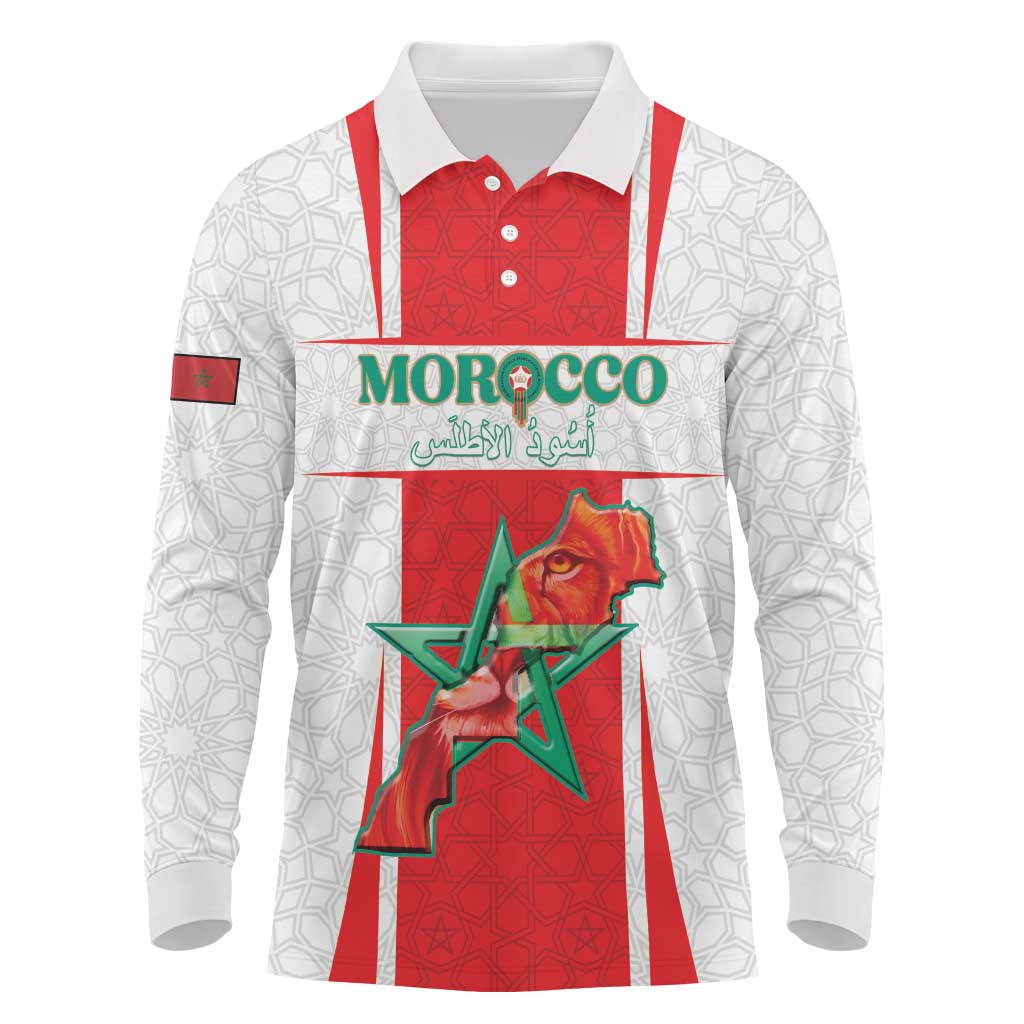 Morocco Football Custom Long Sleeve Polo Shirt Atlas Lions Champions 2025 - White - African Pride