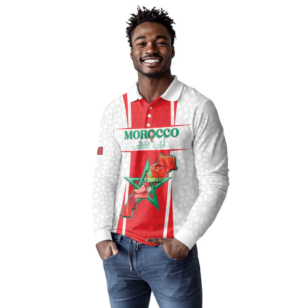 Morocco Football Custom Long Sleeve Polo Shirt Atlas Lions Champions 2025 - White - African Pride