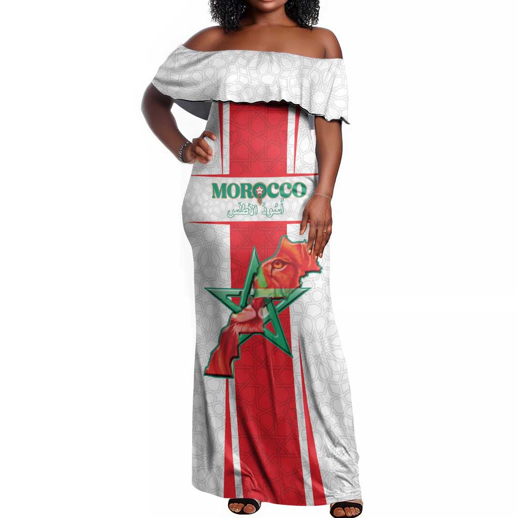 Morocco Football Custom Off Shoulder Maxi Dress Atlas Lions Champions 2025 - White - African Pride
