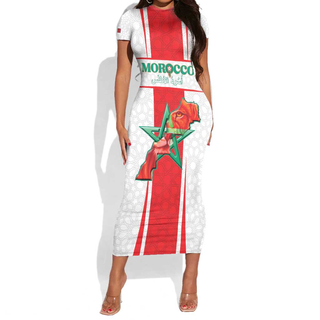 Morocco Football Custom Short Sleeve Bodycon Dress Atlas Lions Champions 2025 - White - African Pride