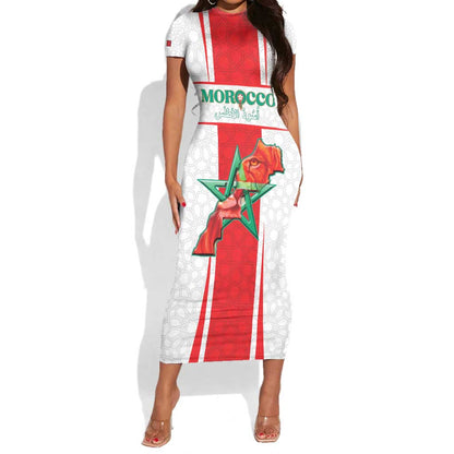 Morocco Football Custom Short Sleeve Bodycon Dress Atlas Lions Champions 2025 - White - African Pride