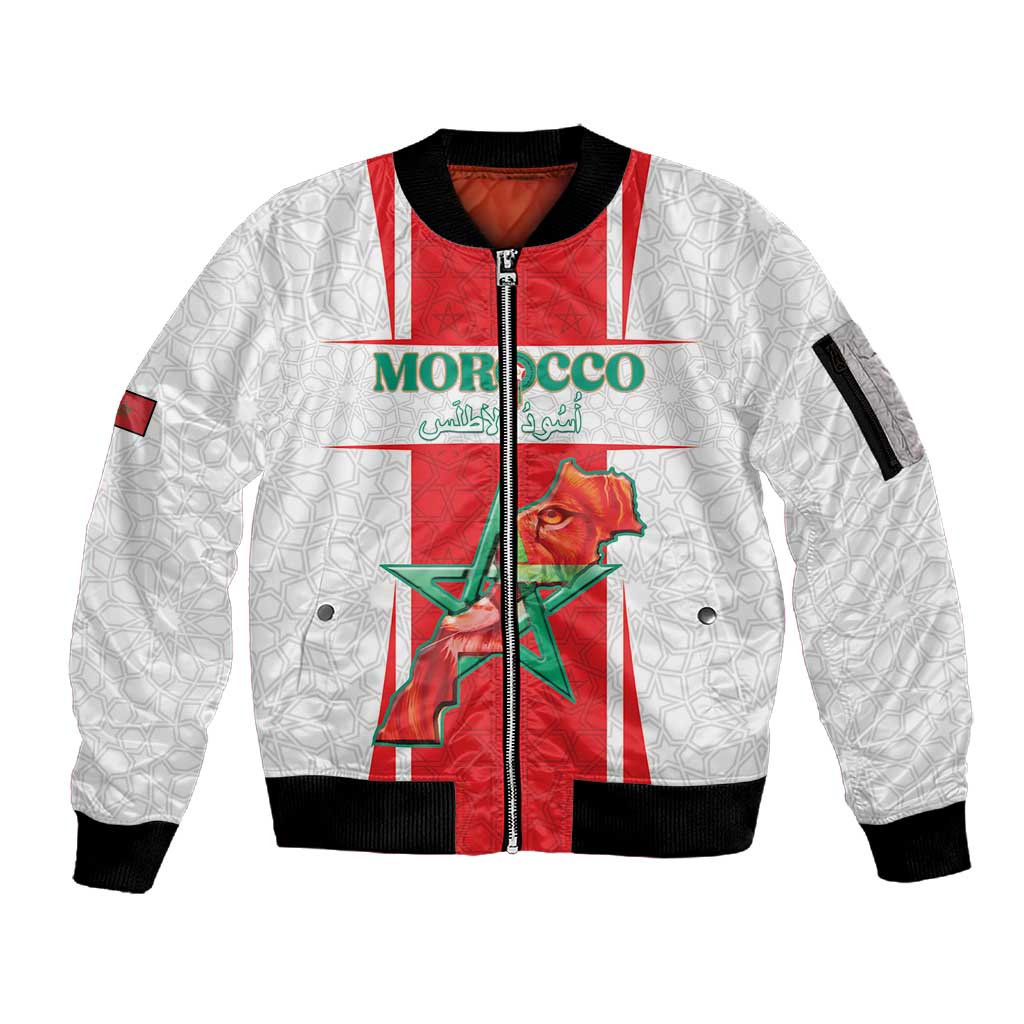Morocco Football Custom Sleeve Zip Bomber Jacket Atlas Lions Champions 2025 - White - African Pride