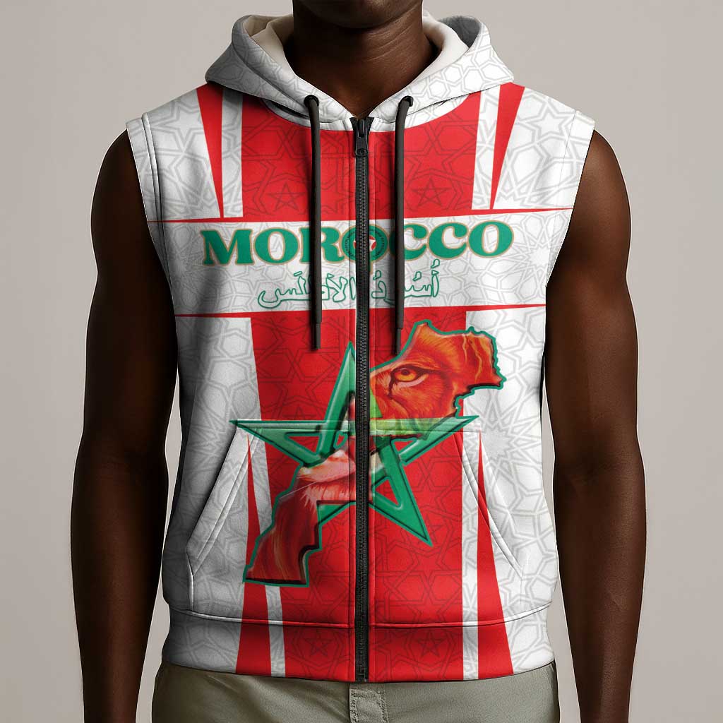 Morocco Football Custom Sleeveless Zip Hoodie Atlas Lions Champions 2025 - White - African Pride