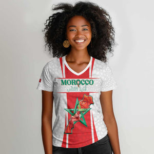 Morocco Football Custom Women V-Neck T-Shirt Atlas Lions Champions 2025 - White - African Pride