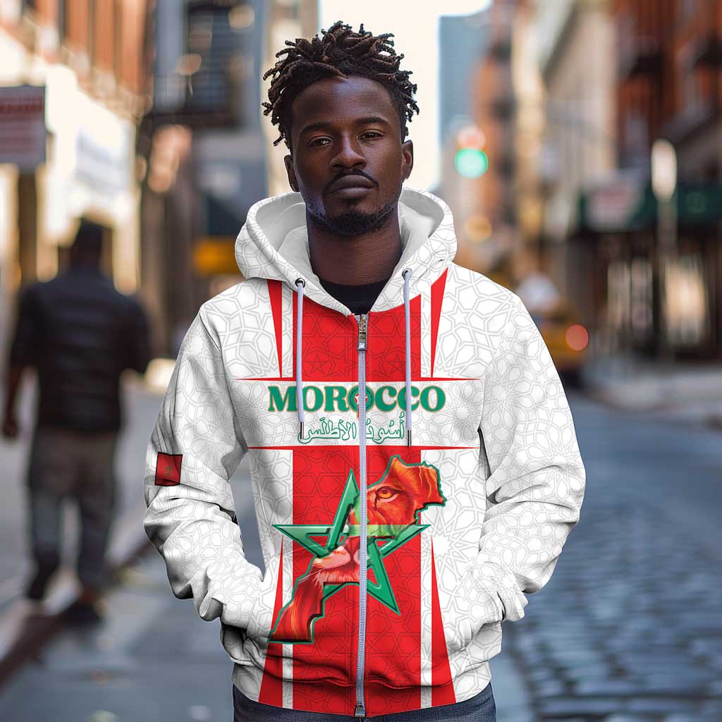 Morocco Football Custom Zip Hoodie Atlas Lions Champions 2025 - White - African Pride