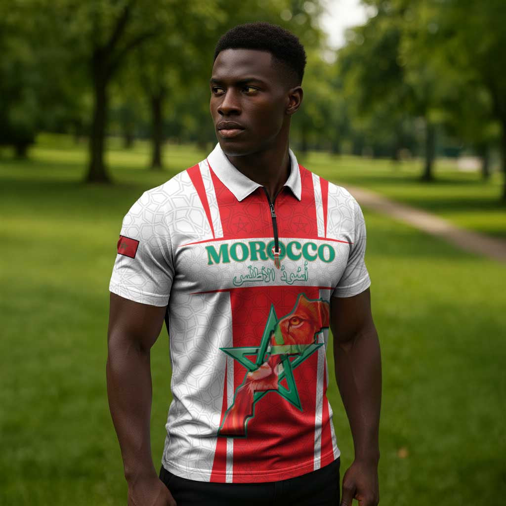 Custom Morocco Football Zipper Polo Shirt Go Champions Atlas Lions - White