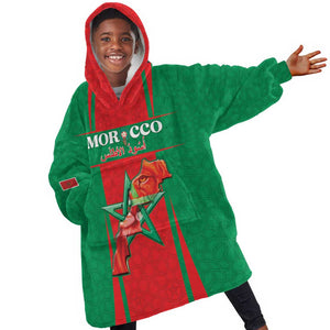 Morocco Football Custom Kid Wearable Blanket Hoodie Atlas Lions Champions 2025 - Red - African Pride