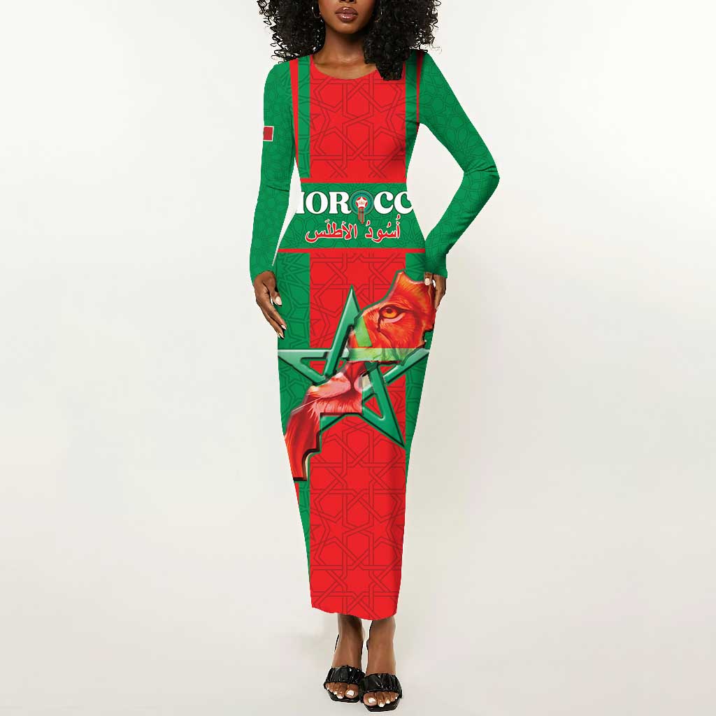 Morocco Football Custom Long Sleeve Bodycon Dress Atlas Lions Champions 2025 - Red - African Pride