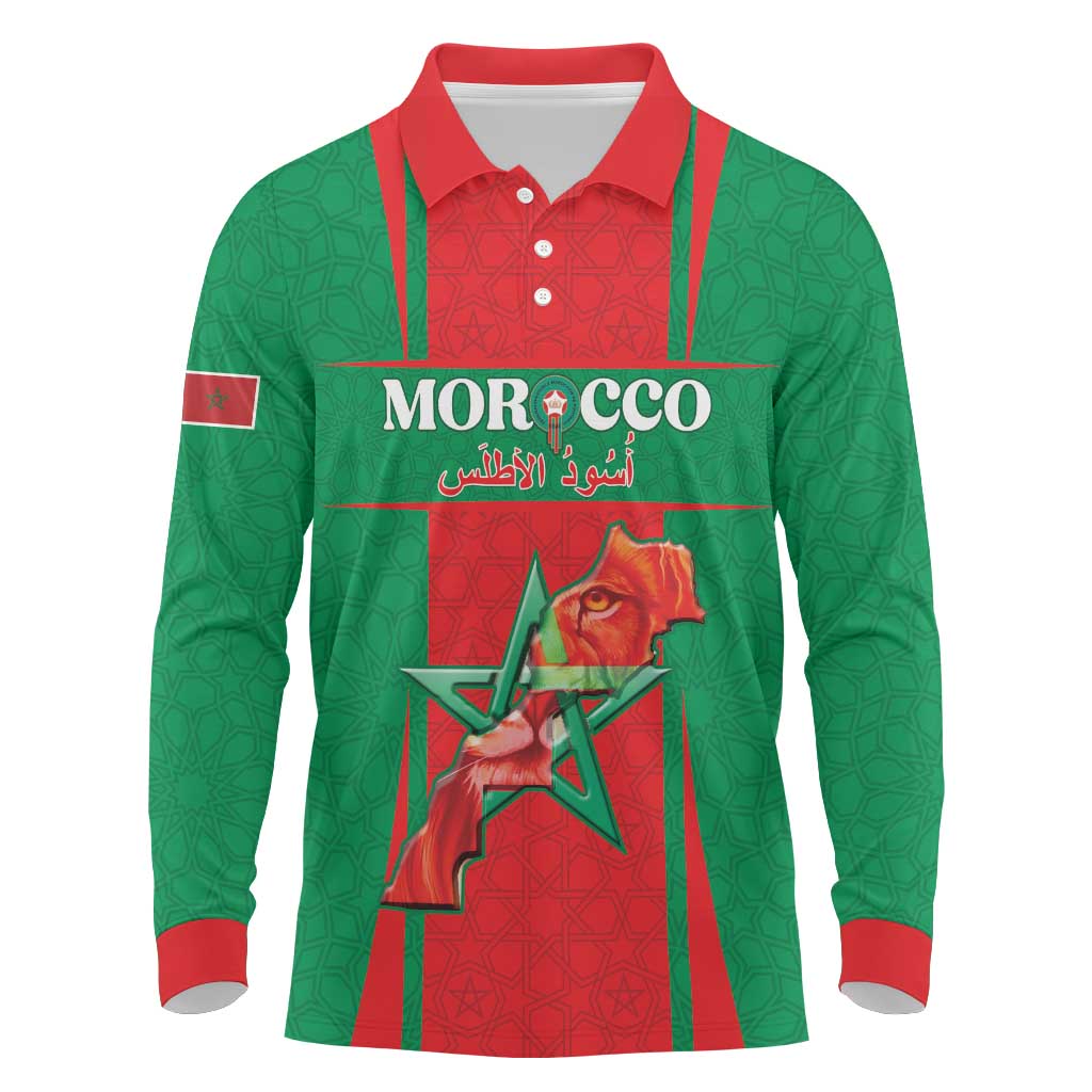 Morocco Football Custom Long Sleeve Polo Shirt Atlas Lions Champions 2025 - Red - African Pride