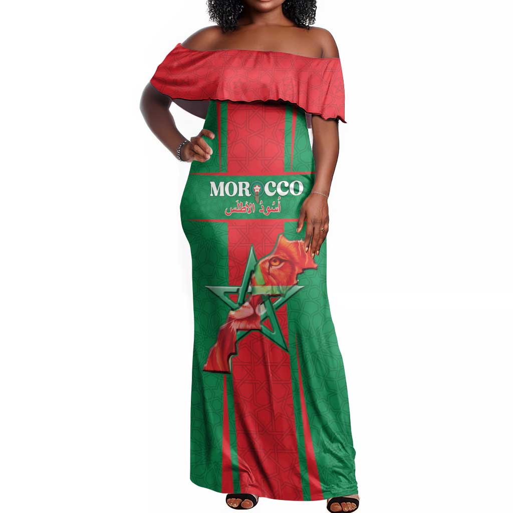 Morocco Football Custom Off Shoulder Maxi Dress Atlas Lions Champions 2025 - Red - African Pride