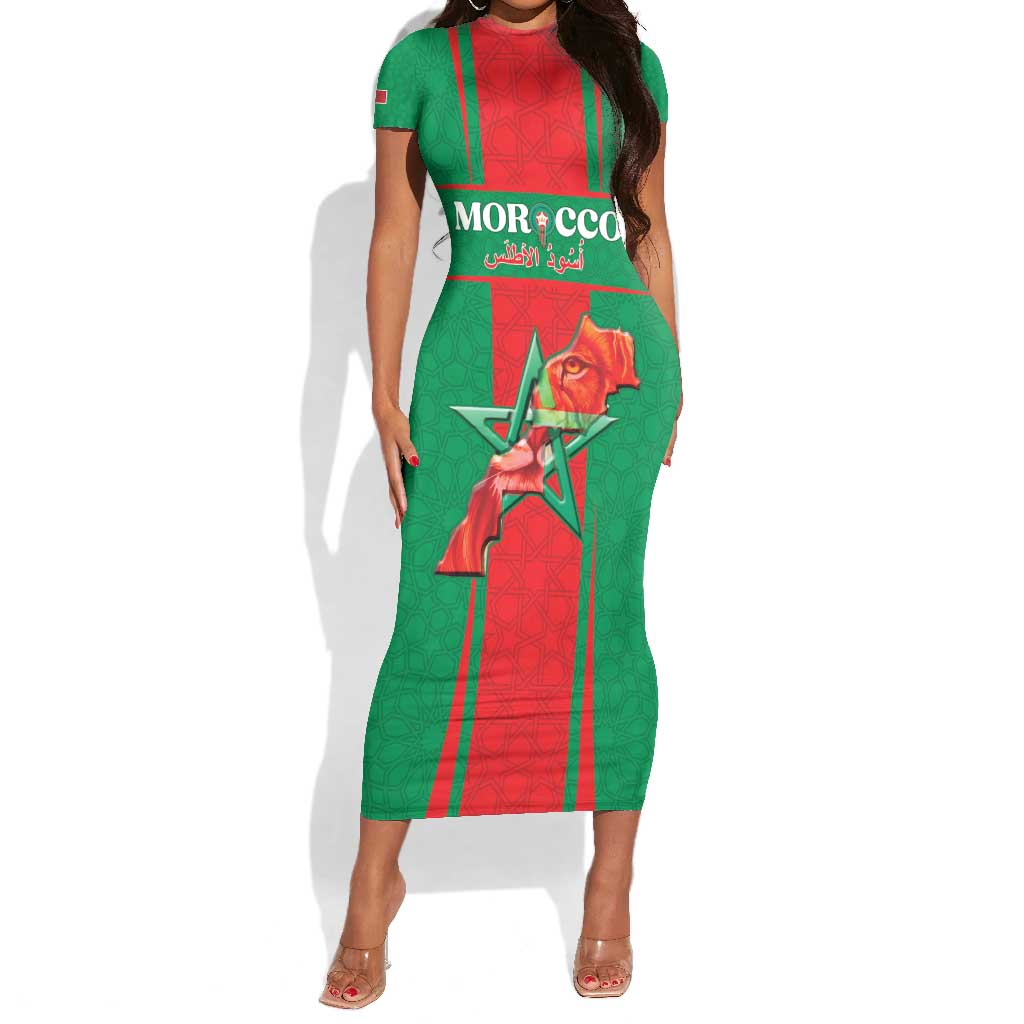 Morocco Football Custom Short Sleeve Bodycon Dress Atlas Lions Champions 2025 - Red - African Pride