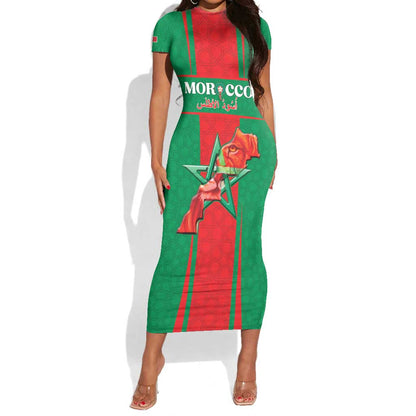 Morocco Football Custom Short Sleeve Bodycon Dress Atlas Lions Champions 2025 - Red - African Pride