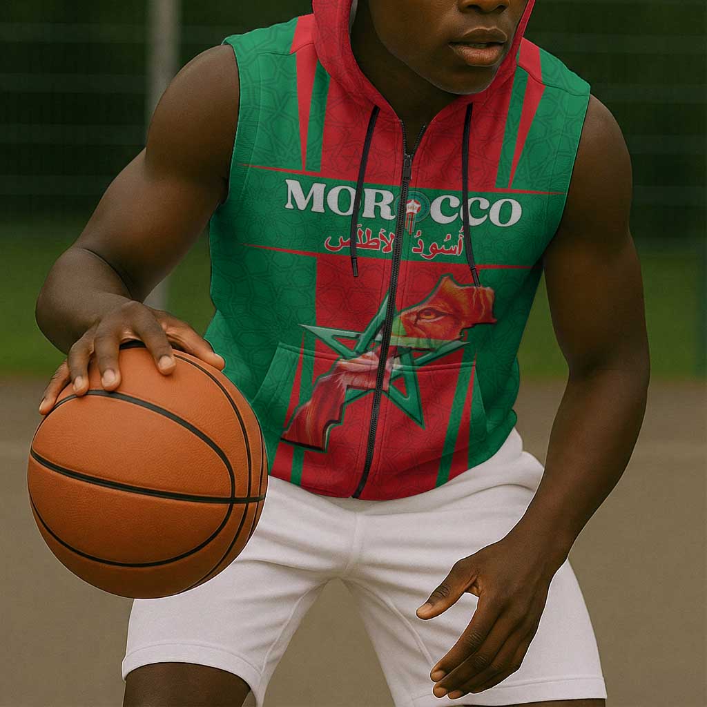 Morocco Football Custom Sleeveless Zip Hoodie Atlas Lions Champions 2025 - Red - African Pride