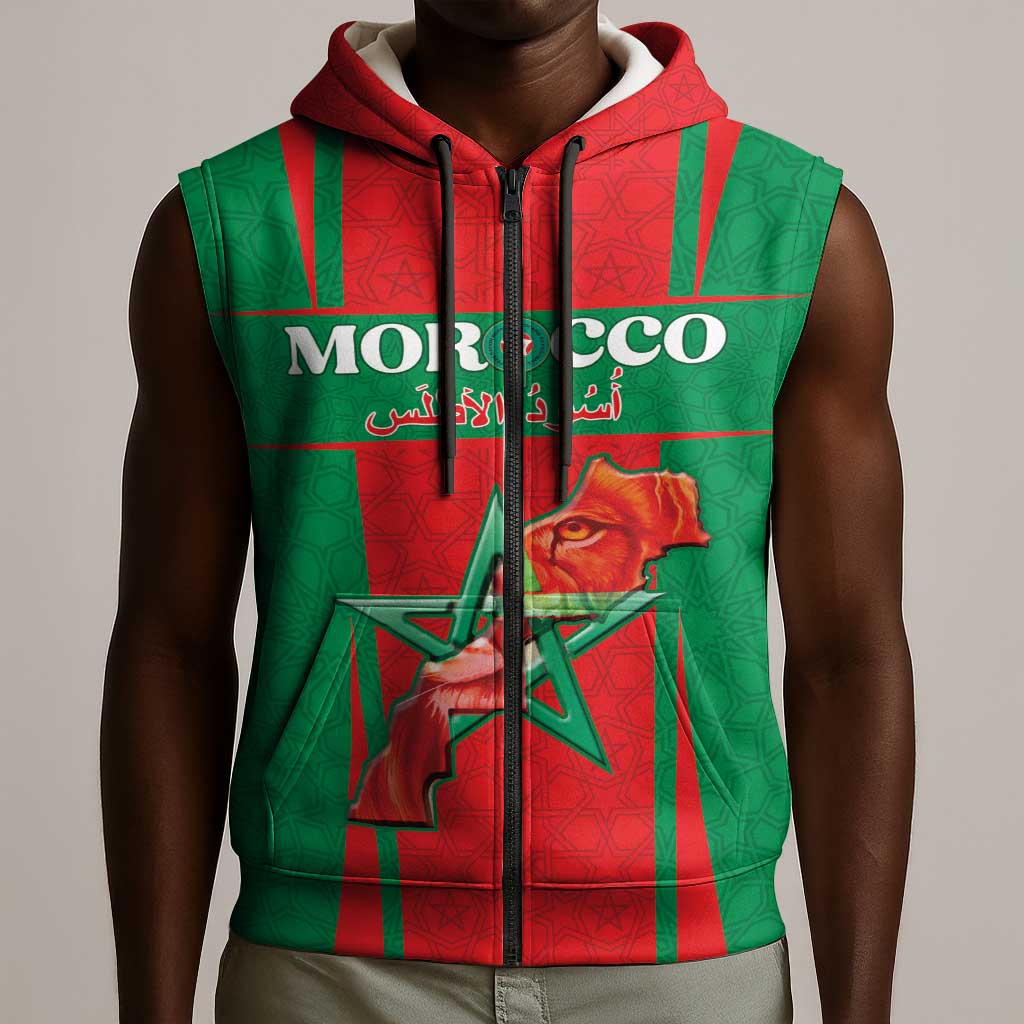 Morocco Football Custom Sleeveless Zip Hoodie Atlas Lions Champions 2025 - Red - African Pride