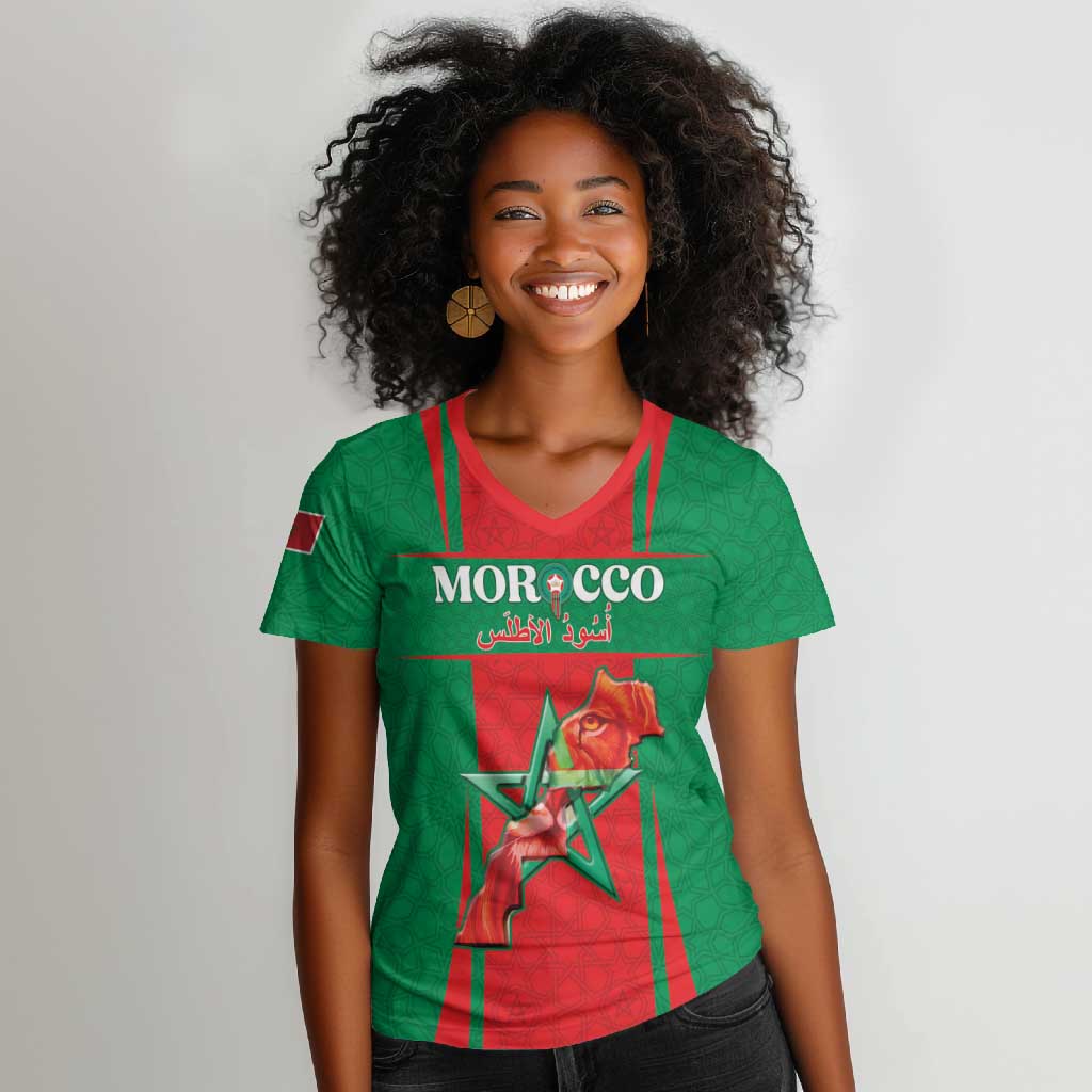 Morocco Football Custom Women V-Neck T-Shirt Atlas Lions Champions 2025 - Red LT15