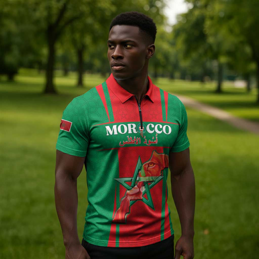 Custom Morocco Football Zipper Polo Shirt Go Champions Atlas Lions - Red