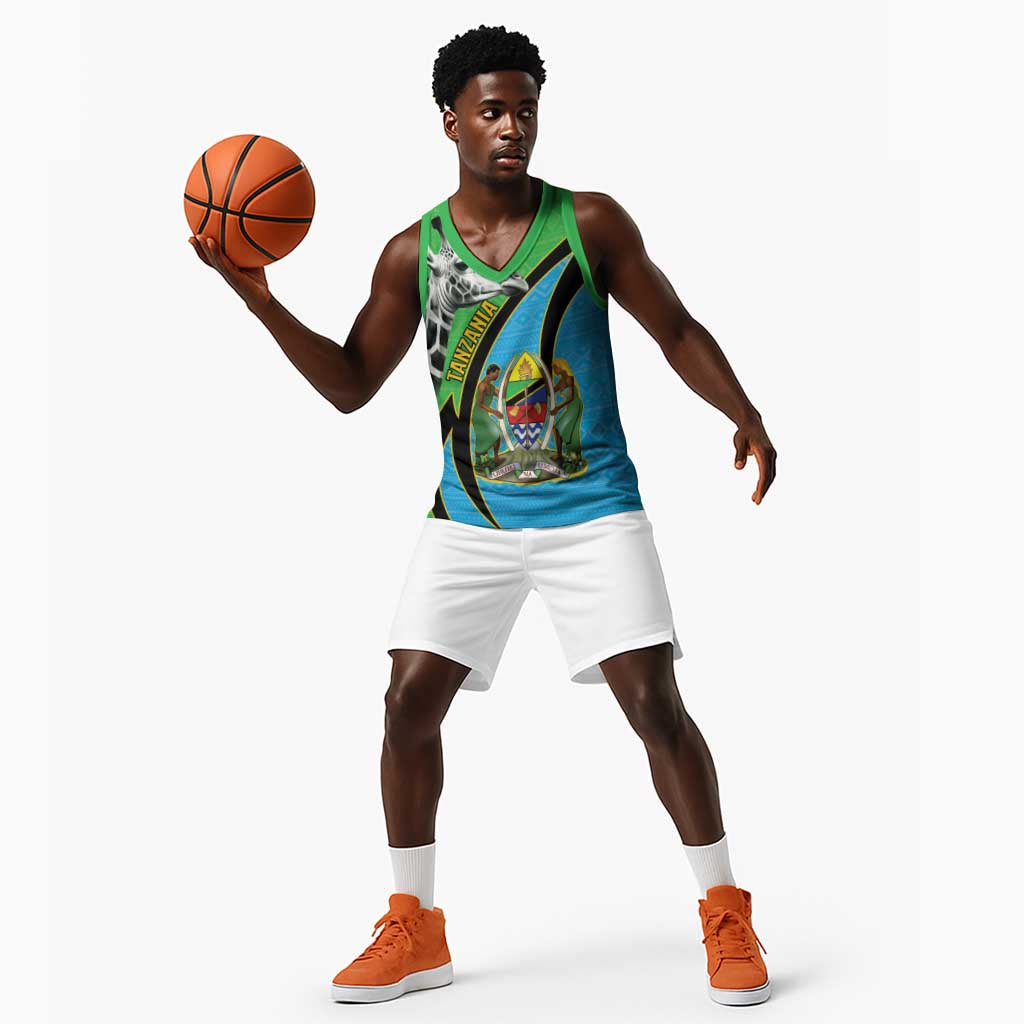 Afro Tanzania Giraffe Basketball Jersey Coat Of Arms Curve Style - African Pride