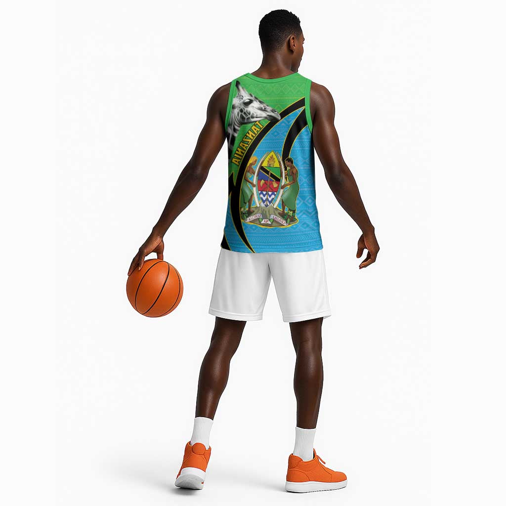 Afro Tanzania Giraffe Basketball Jersey Coat Of Arms Curve Style - African Pride