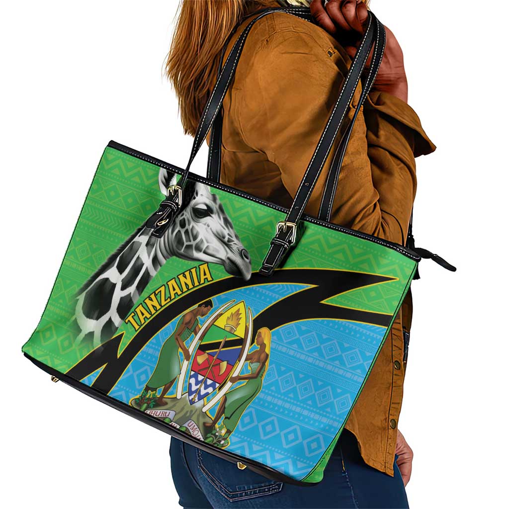 Afro Tanzania Giraffe Leather Tote Bag Coat Of Arms Curve Style