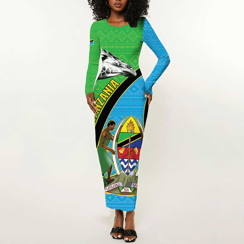 Afro Tanzania Giraffe Long Sleeve Bodycon Dress Coat Of Arms Curve Style LT15