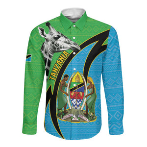 Afro Tanzania Giraffe Long Sleeve Button Shirt Coat Of Arms Curve Style