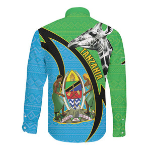 Afro Tanzania Giraffe Long Sleeve Button Shirt Coat Of Arms Curve Style