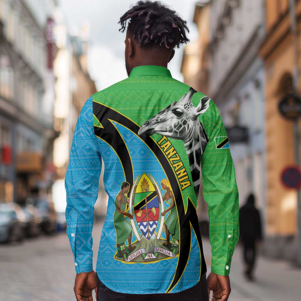 Afro Tanzania Giraffe Long Sleeve Button Shirt Coat Of Arms Curve Style
