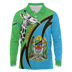 Afro Tanzania Giraffe Long Sleeve Polo Shirt Coat Of Arms Curve Style
