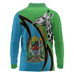 Afro Tanzania Giraffe Long Sleeve Polo Shirt Coat Of Arms Curve Style