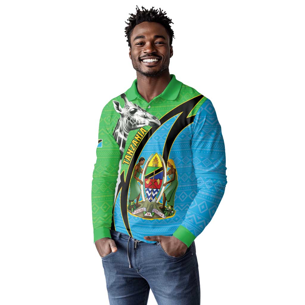 Afro Tanzania Giraffe Long Sleeve Polo Shirt Coat Of Arms Curve Style