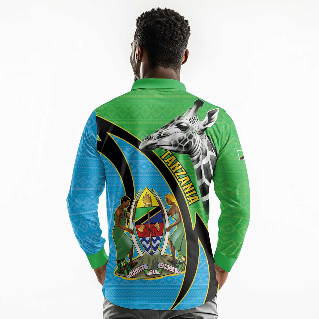 Afro Tanzania Giraffe Long Sleeve Polo Shirt Coat Of Arms Curve Style