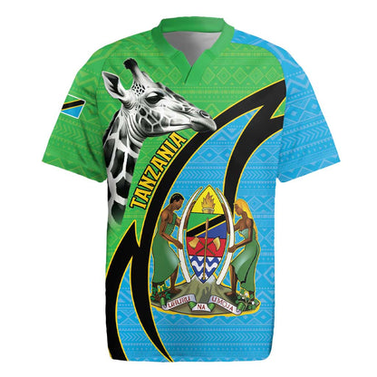 Afro Tanzania Giraffe Rugby Jersey Coat Of Arms Curve Style