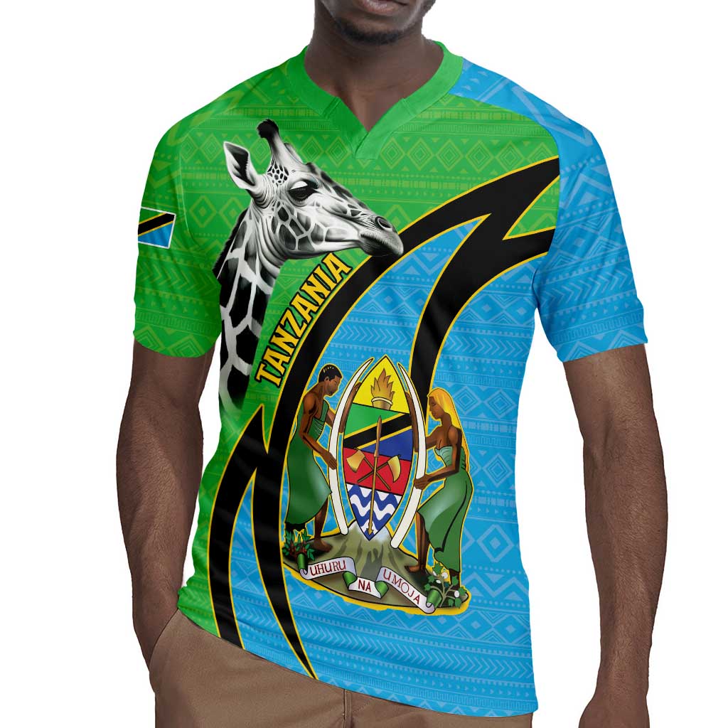 Afro Tanzania Giraffe Rugby Jersey Coat Of Arms Curve Style