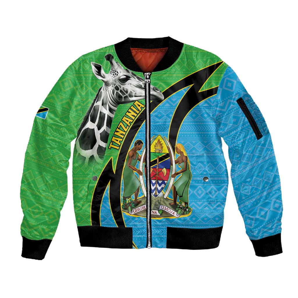 Afro Tanzania Giraffe Sleeve Zip Bomber Jacket Coat Of Arms Curve Style