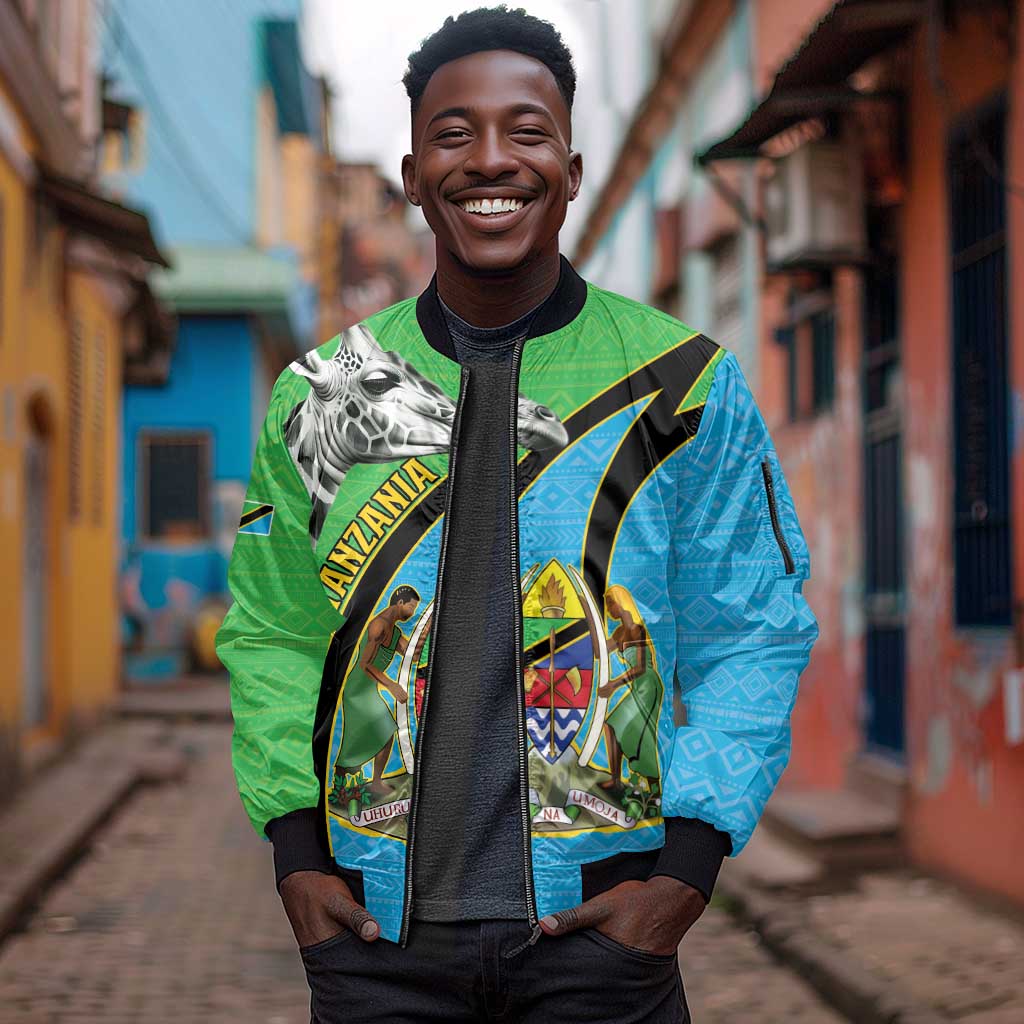 Afro Tanzania Giraffe Sleeve Zip Bomber Jacket Coat Of Arms Curve Style