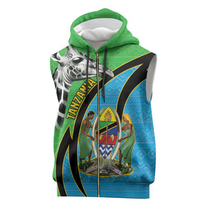 Afro Tanzania Giraffe Sleeveless Zip Hoodie Coat Of Arms Curve Style - African Pride
