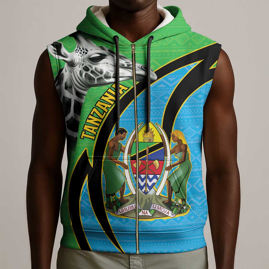 Afro Tanzania Giraffe Sleeveless Zip Hoodie Coat Of Arms Curve Style - African Pride