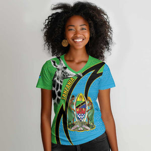 Afro Tanzania Giraffe Women V-Neck T-Shirt Coat Of Arms Curve Style