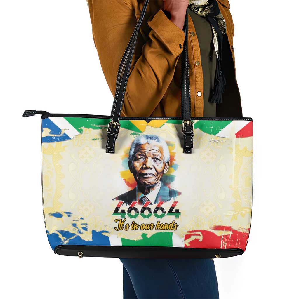 Nelson Mandela International Day 46664 Leather Tote Bag Its In Our Hands - Batik Pattern - African Pride