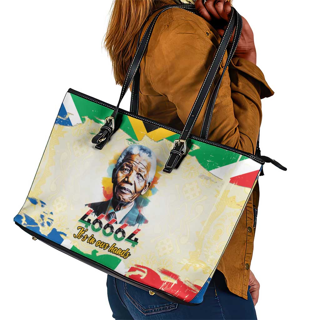 Nelson Mandela International Day 46664 Leather Tote Bag Its In Our Hands - Batik Pattern - African Pride