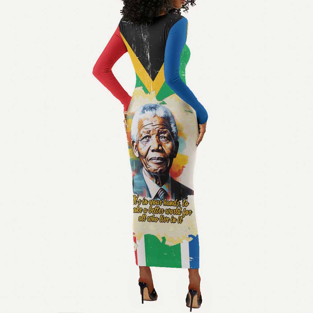 Nelson Mandela International Day 46664 Long Sleeve Bodycon Dress Its In Our Hands - Batik Pattern - African Pride