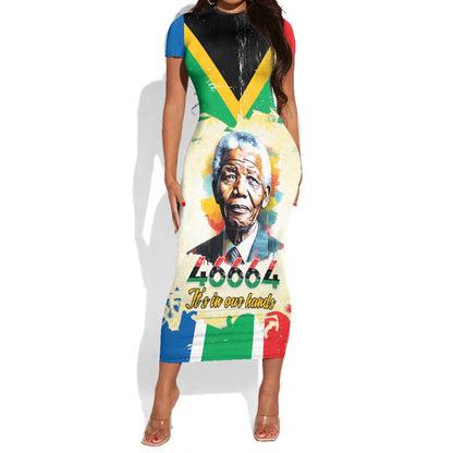 Nelson Mandela International Day 46664 Short Sleeve Bodycon Dress Its In Our Hands - Batik Pattern - African Pride