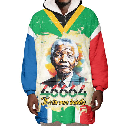 Nelson Mandela International Day 46664 Wearable Blanket Hoodie Its In Our Hands - Batik Pattern - African Pride