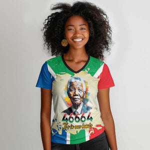 Nelson Mandela International Day 46664 Women V-Neck T-Shirt Its In Our Hands - Batik Pattern - African Pride