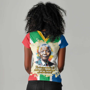 Nelson Mandela International Day 46664 Women V-Neck T-Shirt Its In Our Hands - Batik Pattern - African Pride