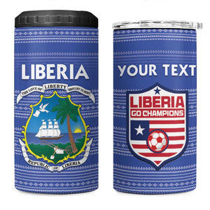 Custom Liberia Football 4 in 1 Can Cooler Tumbler African Tribal Pattern - Blue Jersey - African Pride