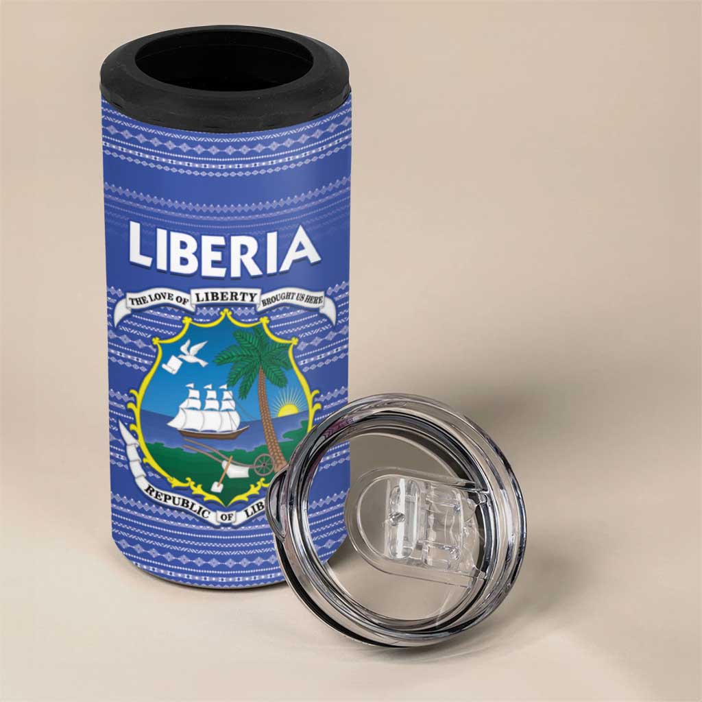 Custom Liberia Football 4 in 1 Can Cooler Tumbler African Tribal Pattern - Blue Jersey - African Pride