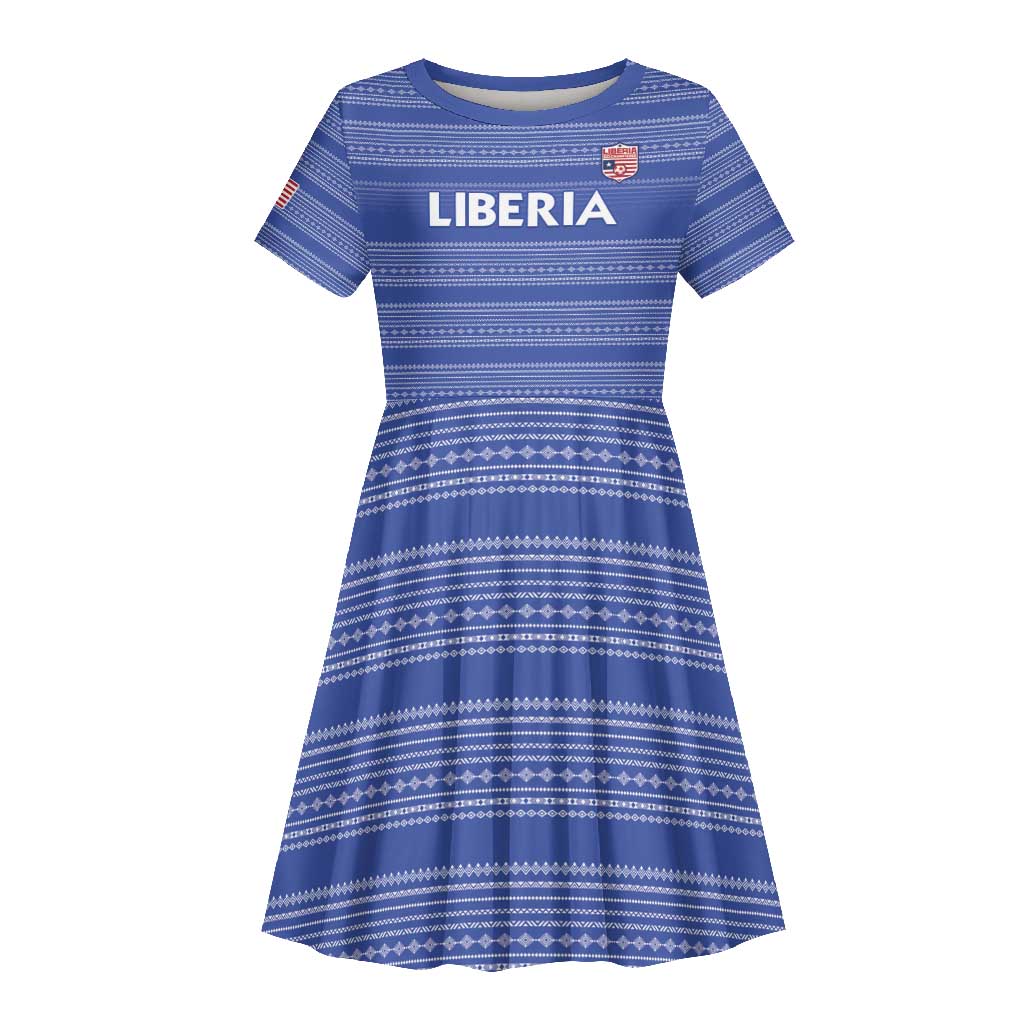 Custom Liberia Football Kid Short Sleeve Dress African Tribal Pattern - Blue Jersey - African Pride